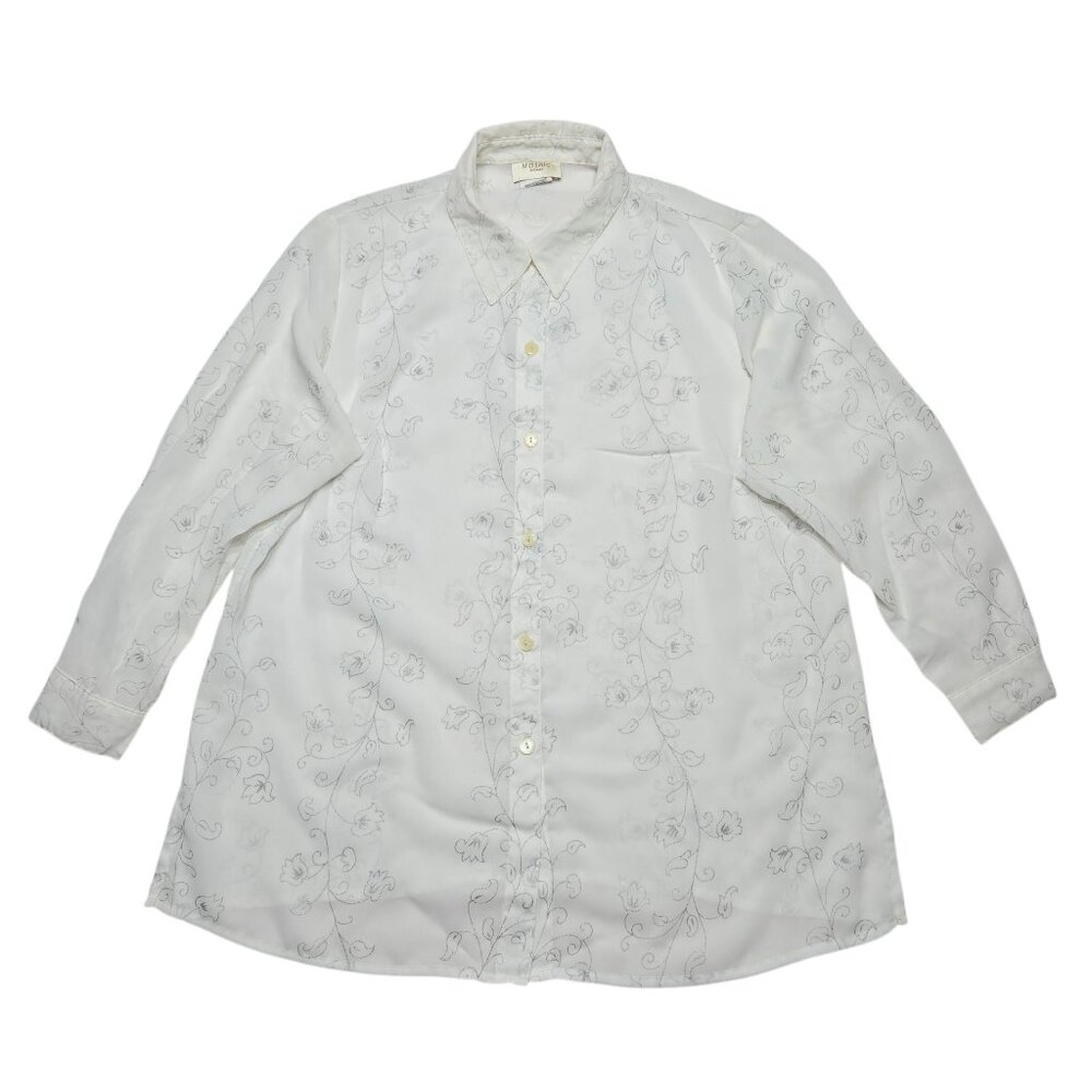 Mosaic Blouse Womens 16 White Floral Sheer Button Up Shirt Fairy‎ Romantic Top